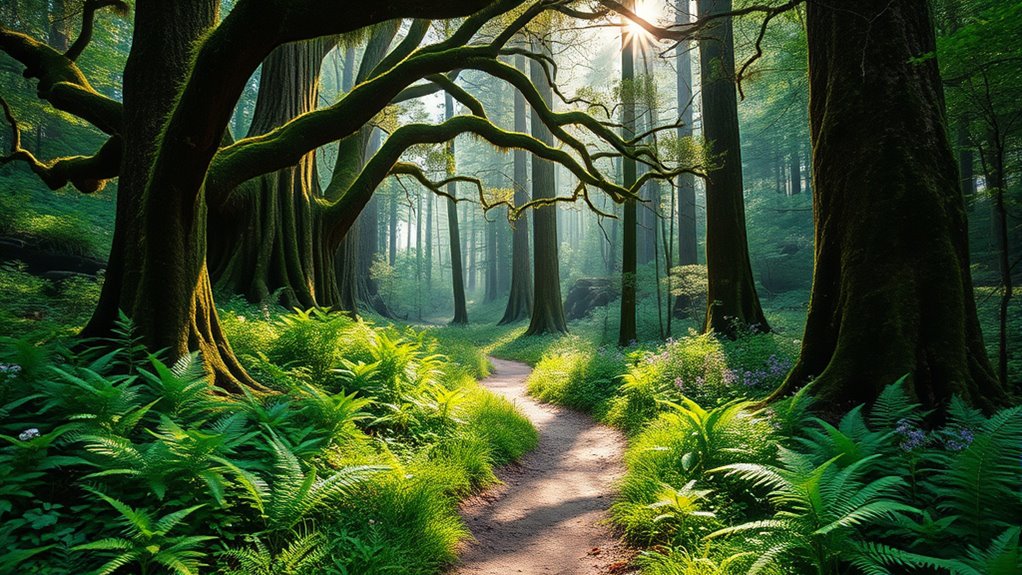 serene forest sunlight filtering