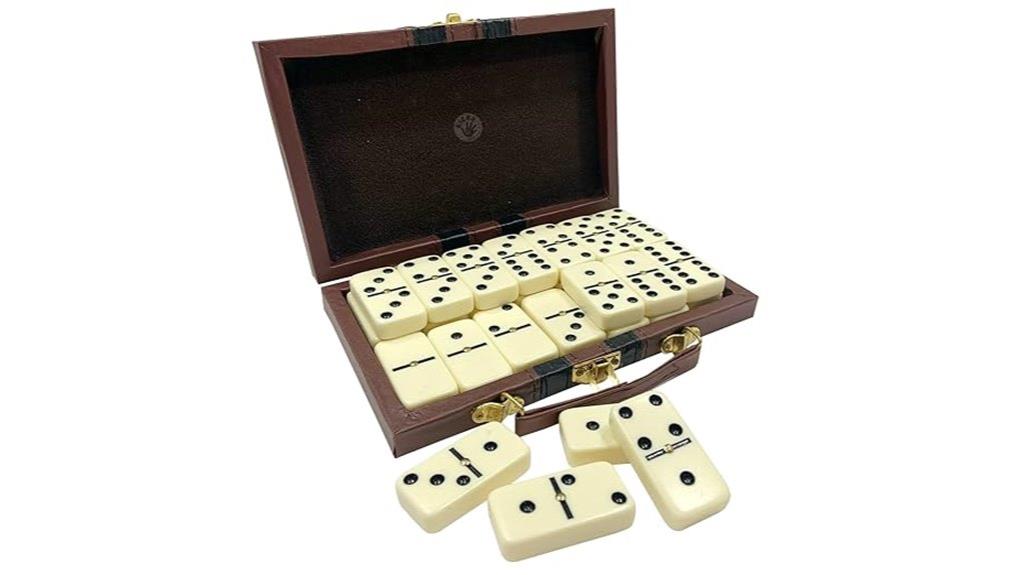 wooden dominoes in leather box