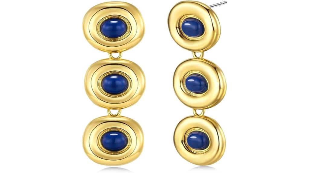 gold blue resin dangle earrings