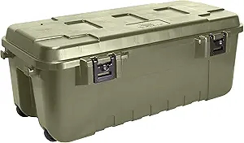 green wheeled storage trunk