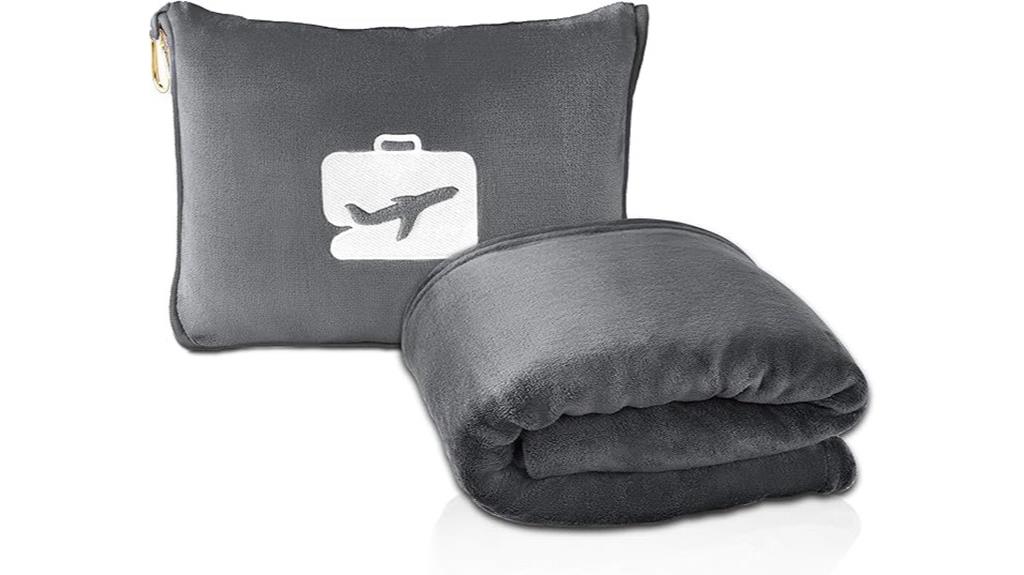 grey travel blanket pillow