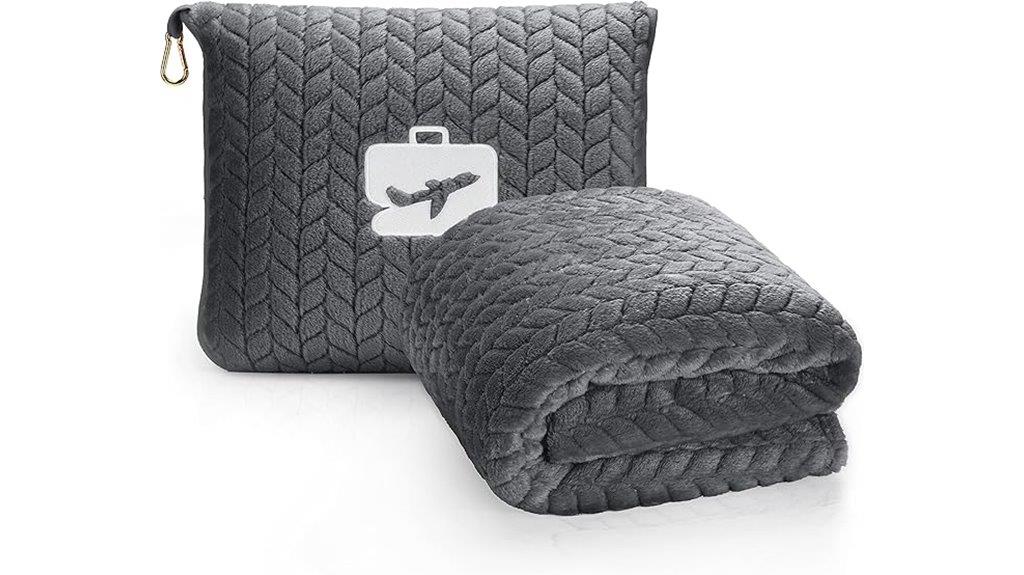 grey travel blanket pillow