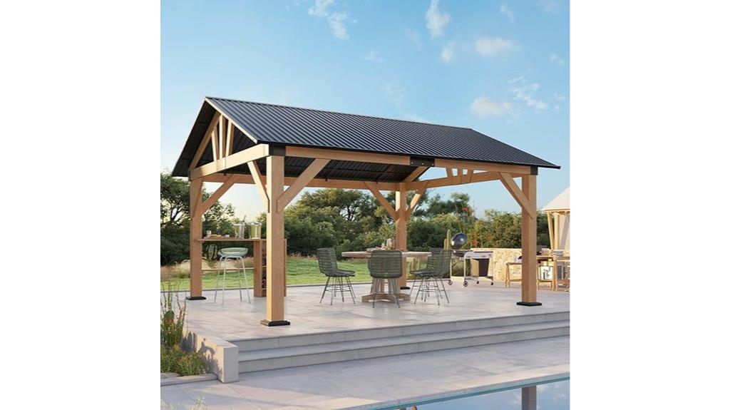 large wooden gazebo with steel roof