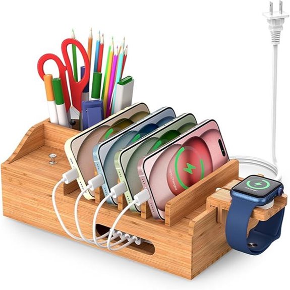 Bamboo Charging Station with 5 Ports and Cables