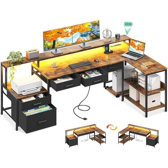 AODK L-Shaped Desk with Drawers and LED Strip